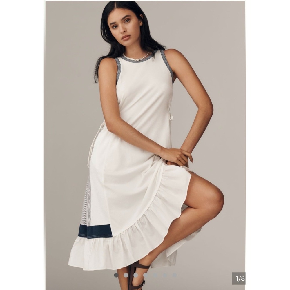 Daily Practice Anthropologie White Sleeveless Ruffle Midi Dress Striped Trim S